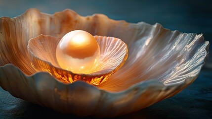 Poster - A glowing pearl nestled in an intricately carved shell, the fine details wrapping around the smooth, radiant gem, creating an image of elegance and beauty.