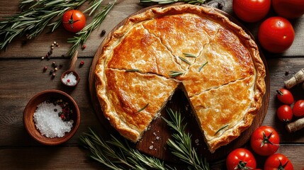 A golden savory pie with a missing slice, surrounded by fresh rosemary, tomatoes, salt, and pepper on a wooden table. A beautiful, home-cooked food scene emphasizing healthy eating