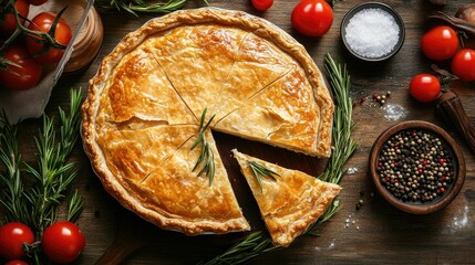 A golden savory pie with a missing slice, surrounded by fresh rosemary, tomatoes, salt, and pepper on a wooden table. A beautiful, home-cooked food scene emphasizing healthy eating