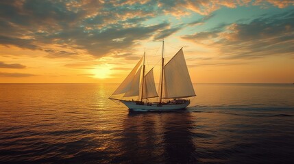 Wall Mural - A grand sailboat with full white sails crossing the tranquil evening ocean, the warm sunset creating a golden glow over the serene water.