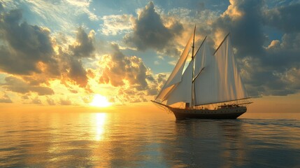 Wall Mural - A grand sailboat with full white sails crossing the tranquil evening ocean, the warm sunset creating a golden glow over the serene water.