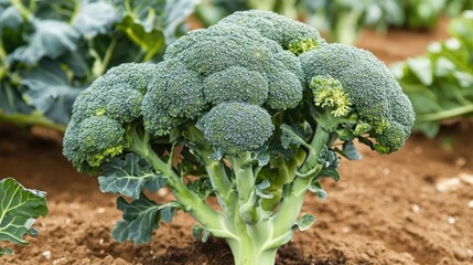 A healthy broccoli plant growing in a field, its deep green florets contrasted against the soil. A member of the Brassica oleracea species, related to cabbage and cauliflower