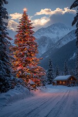 Majestic Christmas tree in snowy mountain landscape at dusk

