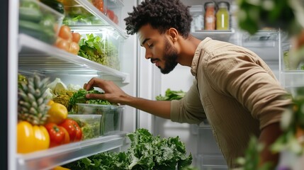 Wall Mural - A man selecting fresh vegetables from an organized refrigerator in a modern kitchen during the daytime