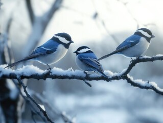 Sticker - Three Birds Perched on Snowy Branch