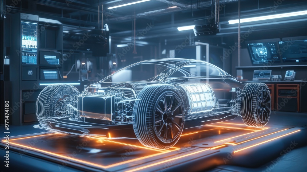 A line art 3D illustration of a modern electric car chassis with an x-ray view of the vehicle battery, showcased in a studio environment