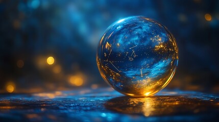 A crystal ball reflecting cosmic stars and swirling galaxies in a dark, mystical environment with a luminous glow