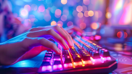 Gamer's Focus: Closeup of hands typing on a brightly lit RGB gaming keyboard, surrounded by vibrant, colorful lights. 