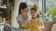 © fotofabrika - A mother and daughter joyfully engage in cleaning activities together on a sunny afternoon in their cozy living room
