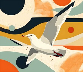 Modern style poster with seagull , The animal is set against a background of abstract forms and pastel colors