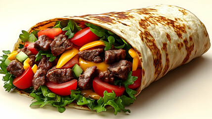 A delicious beef burrito filled with fresh vegetables and cheese, wrapped in a tortilla.