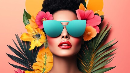 Vibrant portrait of a woman with stylish sunglasses, surrounded by tropical flowers and leaves, capturing summer beauty.