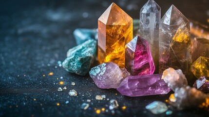 Poster - colorful and vibrant crystals arranged artistically on a dark surface showcasing natural beauty and 