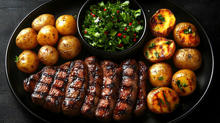 A delicious platter featuring grilled steak, roasted potatoes, and fresh herbs.