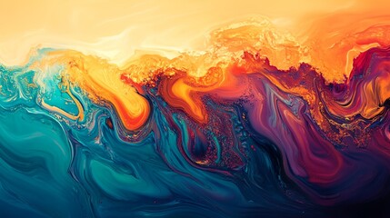 Poster - a painting of a wave of water with orange and blue colors