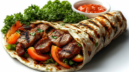 Wall Mural - A delicious wrap filled with grilled meat, fresh vegetables, and served with sauce.