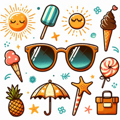 Sticker - beach sunglasses with ice cream and sun summer hand drawn illustration