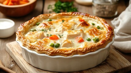 A perfectly baked chicken pot pie with a crispy, golden crust and a rich filling of diced chicken and vegetables in creamy sauce. A satisfying comfort food classic