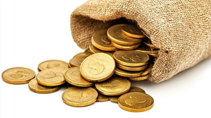 A pile of gold coins emerging from a treasure sack, with neatly stacked coins placed beside it. The bright white background highlights the shiny metal.