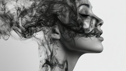 Poster - A woman's face obscured by abstract smoke-like patterns