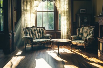 Sunlight streaming through a window illuminating a room with two antique chairs and a coffee table