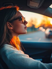 Canvas Print - Woman Driving Car City Street