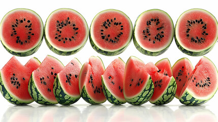 A display of sliced watermelon showcasing its vibrant red flesh and black seeds.