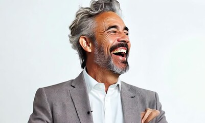 Wall Mural - Portrait of a happy mature man laughing isolated on a white background