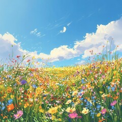 Wall Mural - Colorful spring meadow filled with blooming wildflowers under a bright blue sky