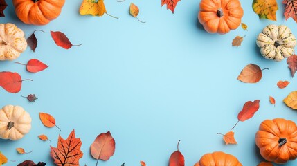 blue background with pumpkins and autumn leaves
