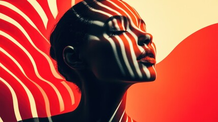 Poster - Woman with Striped Shadows on Red and Yellow Background