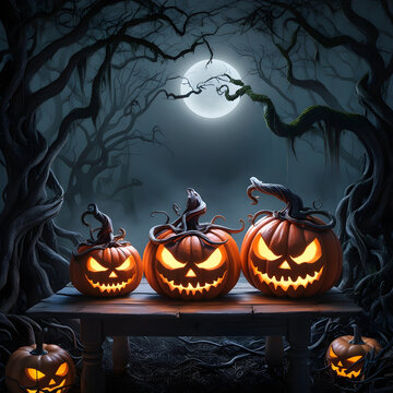 Misty Forest Halloween Scene: Pumpkins on a Wooden Table at Night