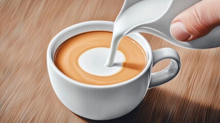 Poster - A person pouring milk into a cup of coffee on top, AI