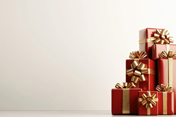 Wall Mural - stack of red christmas gift boxes with gold ribbon bow on white background