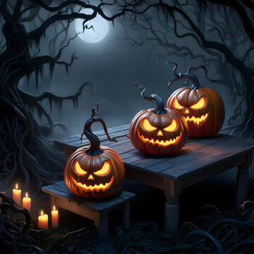 Haunted Forest Halloween Banner Featuring Pumpkins on a Wooden Table at Night