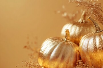 Wall Mural - Thanksgiving background with golden pumpkins. Festive decoration for Thanksgiving with copyspace with generative ai