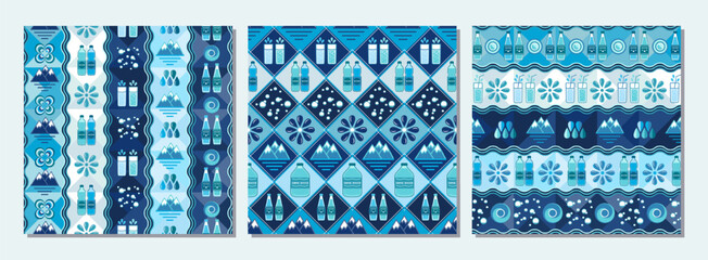 Patterns with water icons, design elements in flat simple geometric style. Seamless background with abstract shapes. For branding, decoration of food package, cover design, textile kitchen prints