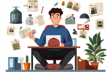 Office worker tangled in debt, unable to escape financial trap, flat design illustration