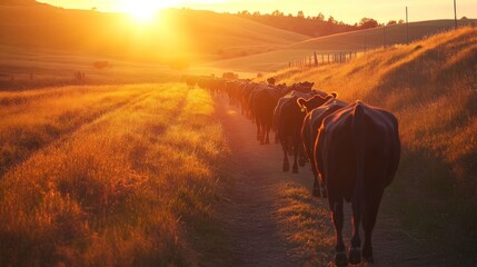 Canvas Print - Cows Walking Towards Sunset