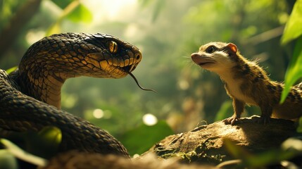 Sticker - A Snake and a Small Mammal Facing Each Other in a Jungle Setting