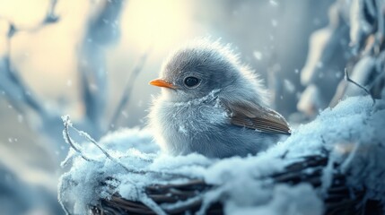 Canvas Print - A Small Bird Resting in a Snowy Nest