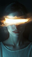 Poster - A woman with glowing light bands across her eyes, immersed in a dark atmosphere, showcasing an ethereal and mysterious aesthetic