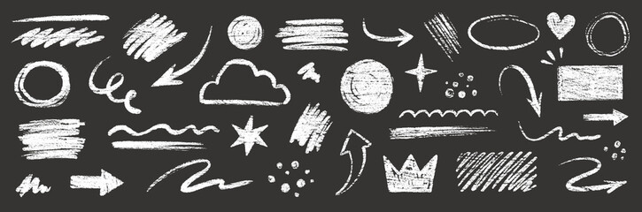 Poster - Doodle line chalk brush element set on blackboard. Chalkboard texture brush stroke square, spiral, arrow element scribble line hand drawn sketch design. Crayon pencil style. Vector illustration.
