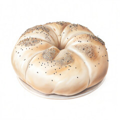 Bialy bread roll topped with sesame seeds, round shape, bakery concept, neutral background, copy space