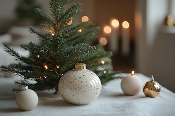 Wall Mural - Minimalist Christmas tree with ceramic ornaments and twinkling lights