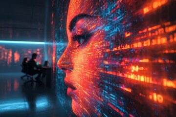 Glitched computer code projected onto a wall in a minimalist office