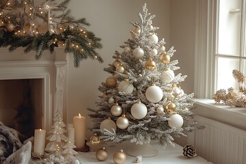 Wall Mural - A minimalist Christmas tree adorned with delicate ceramic ornaments in a white room