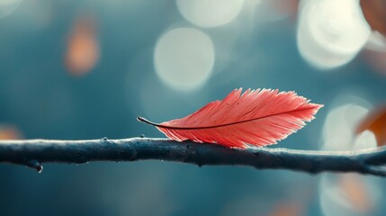 Sticker -  A solitary red leaf on a branch against a blurred background