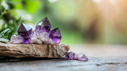  A table hosts a single rock with an array of amethyst crystals atop it, adjacent to a potted plant