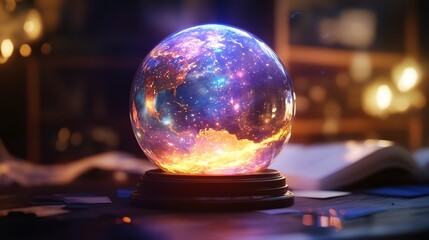 Wall Mural - A glass globe with a galaxy inside sits on a wooden table.